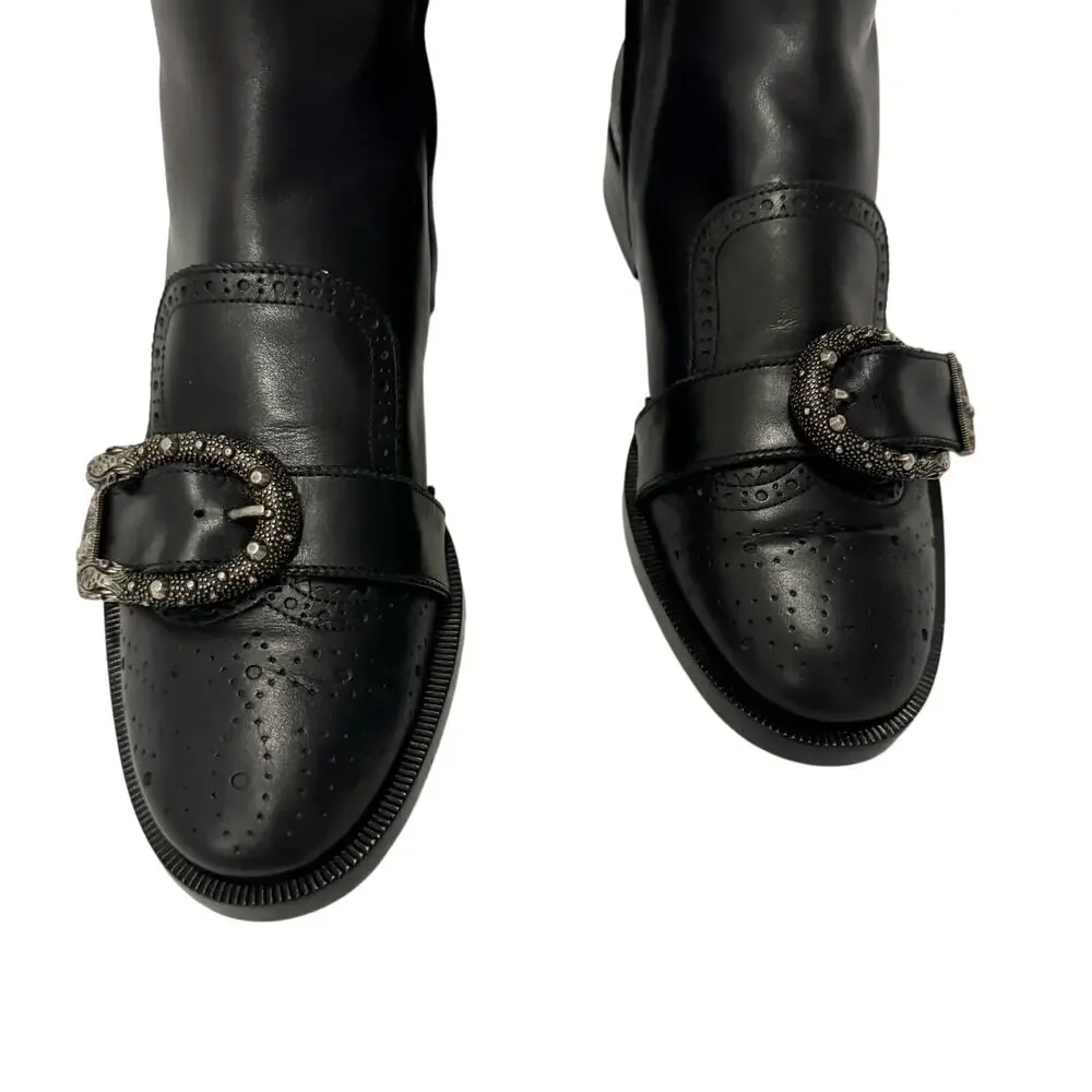 Gucci Dionysus Thigh High Boots 38 Black Leather Bee Brogue Alessandro Michele